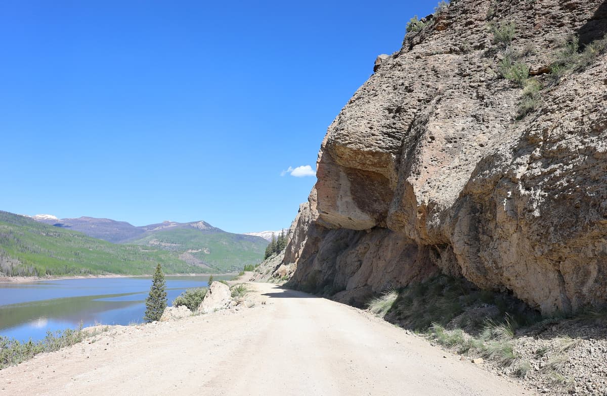 A national forest road climbing above the Rio Grande Reservoir in Hinsdale County, Colorado