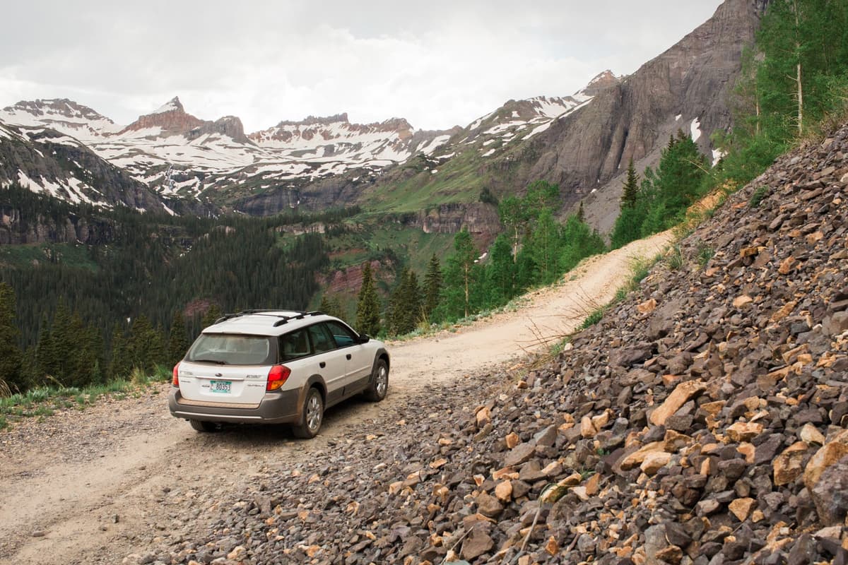 A vehicle on a rough forest road near Clear Lake in the San Juan National Forest, Colorado