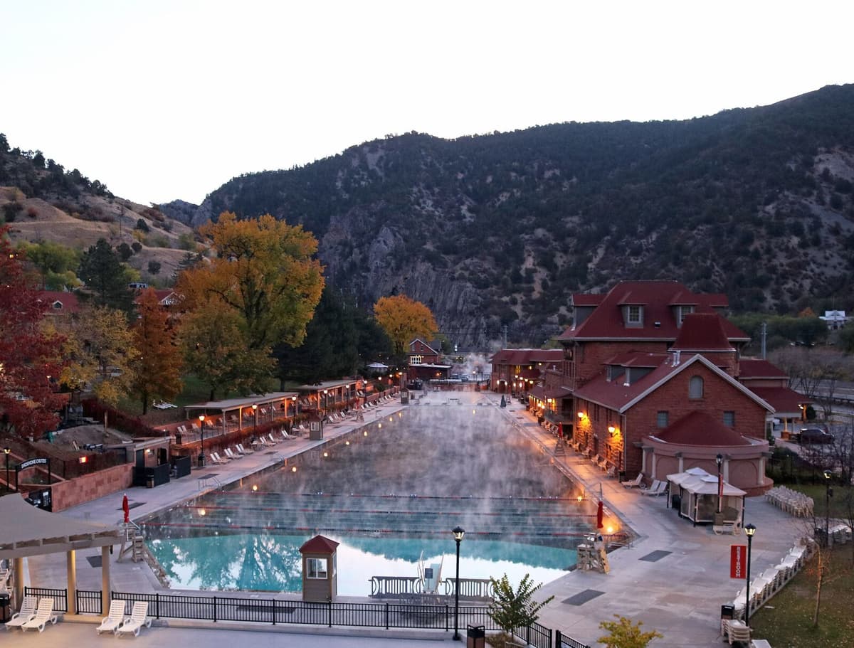 A developed hot springs pool with mountain views, similar in feel to Old Town's in-town setup