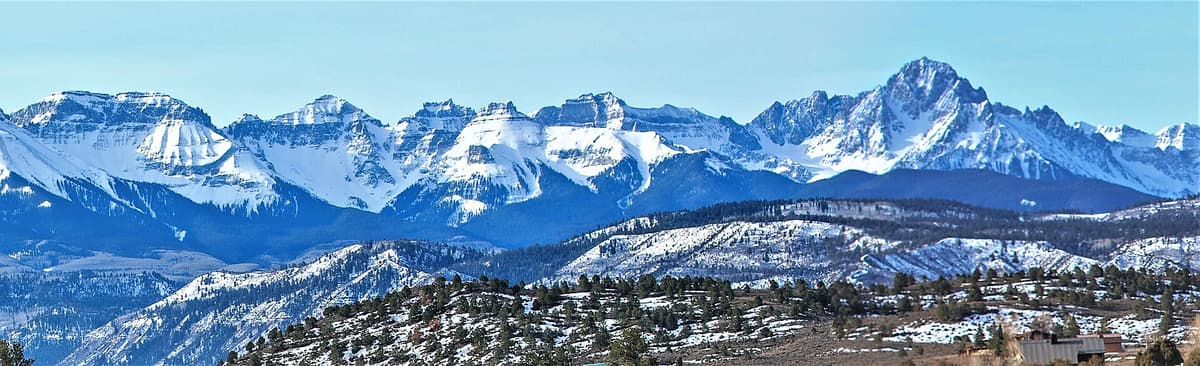 The Sneffels Range seen from the north, with Mount Sneffels and its neighboring summits under fresh snow