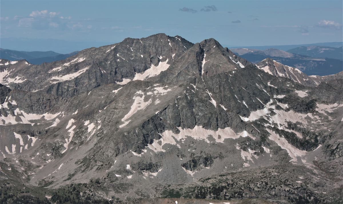 The sharp, snow-lined northeast face of Ice Mountain, the highest of the Three Apostles, in the Sawatch Range of Colorado