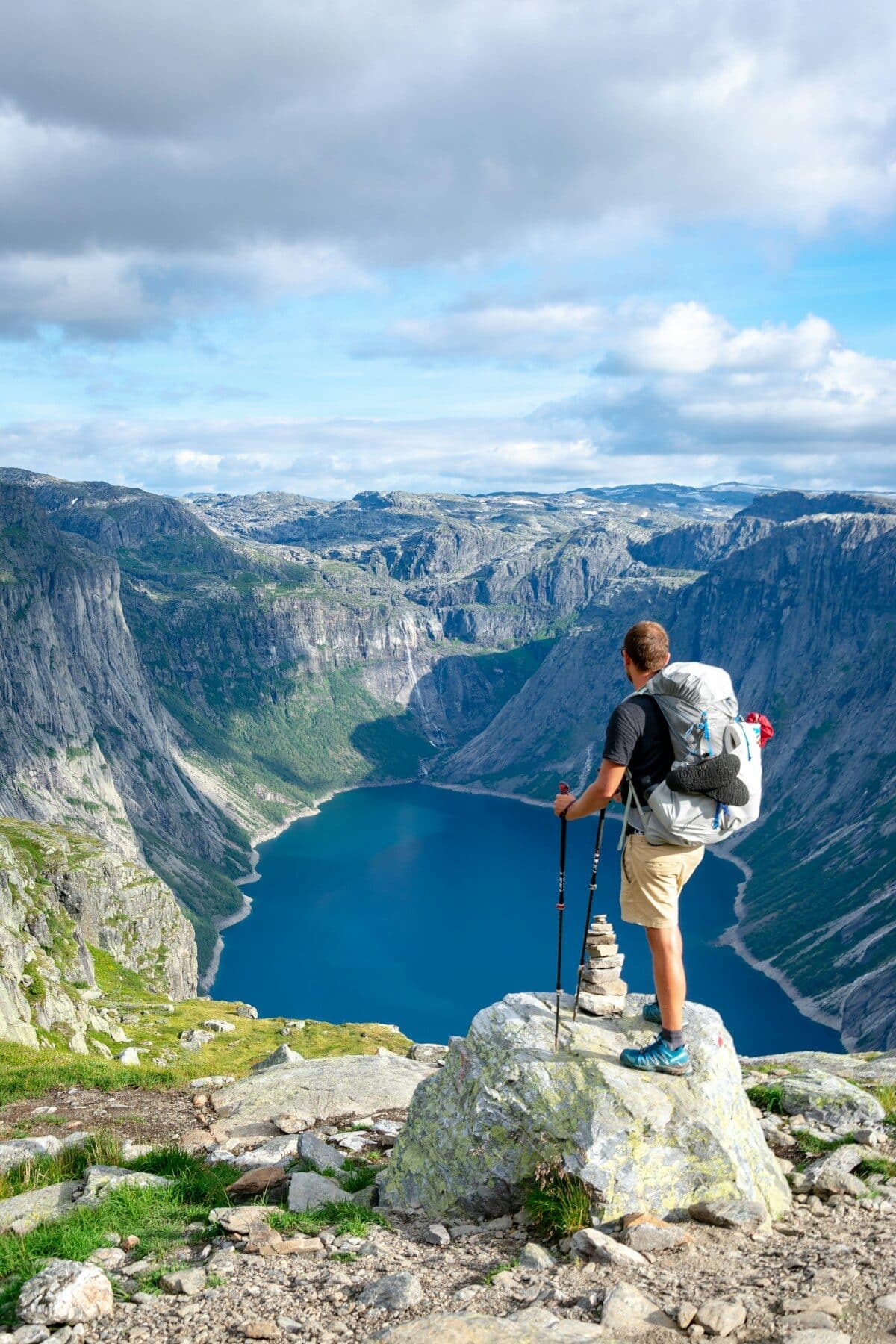 Hiking gear and boots on trail