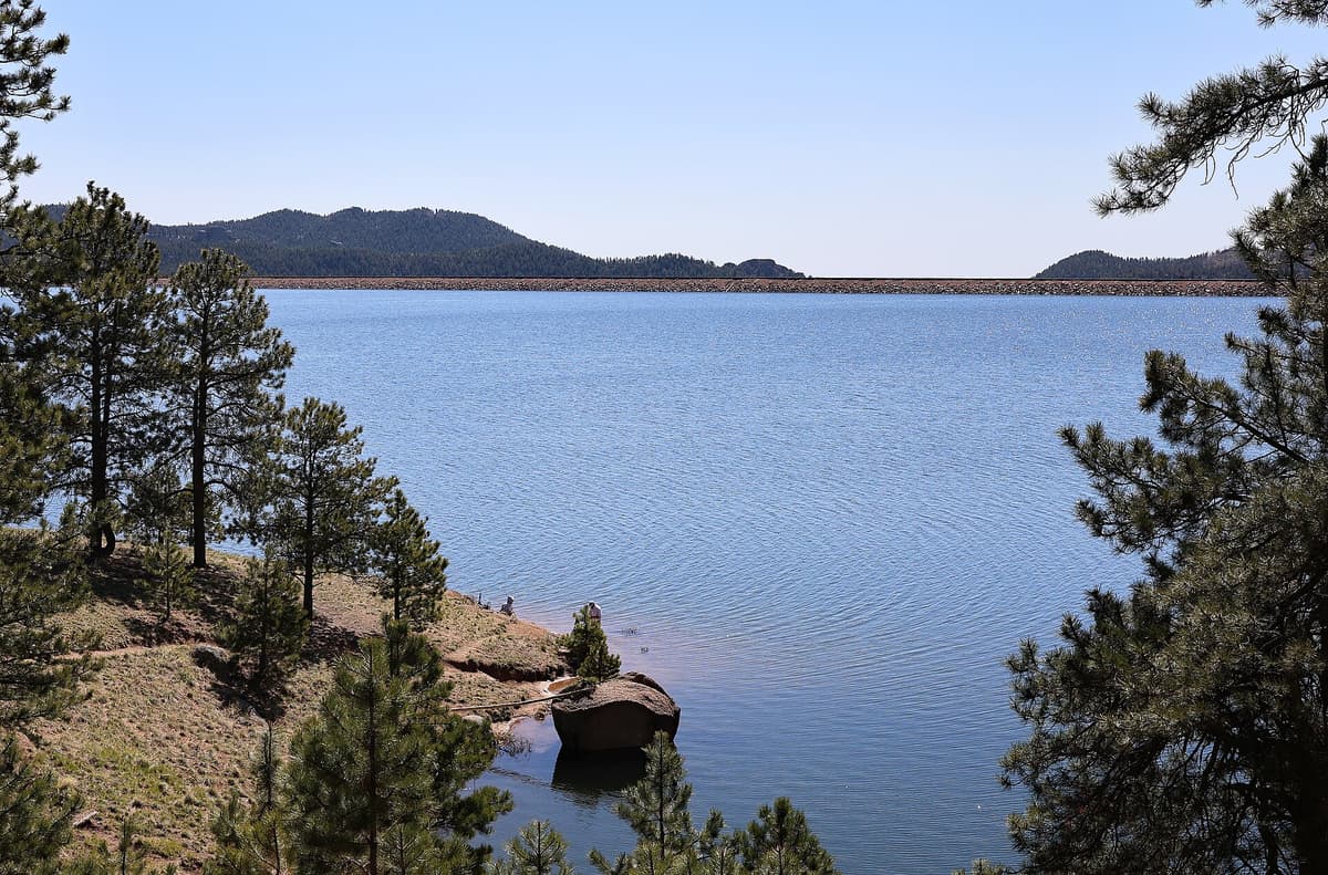 The pine-lined shoreline of Rampart Reservoir where the Rainbow Gulch Trail meets the water