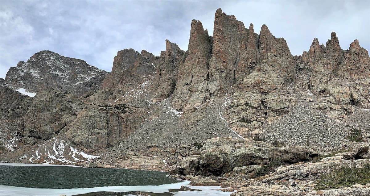 Cathedral Spires rising above Sky Pond in Rocky Mountain National Park
