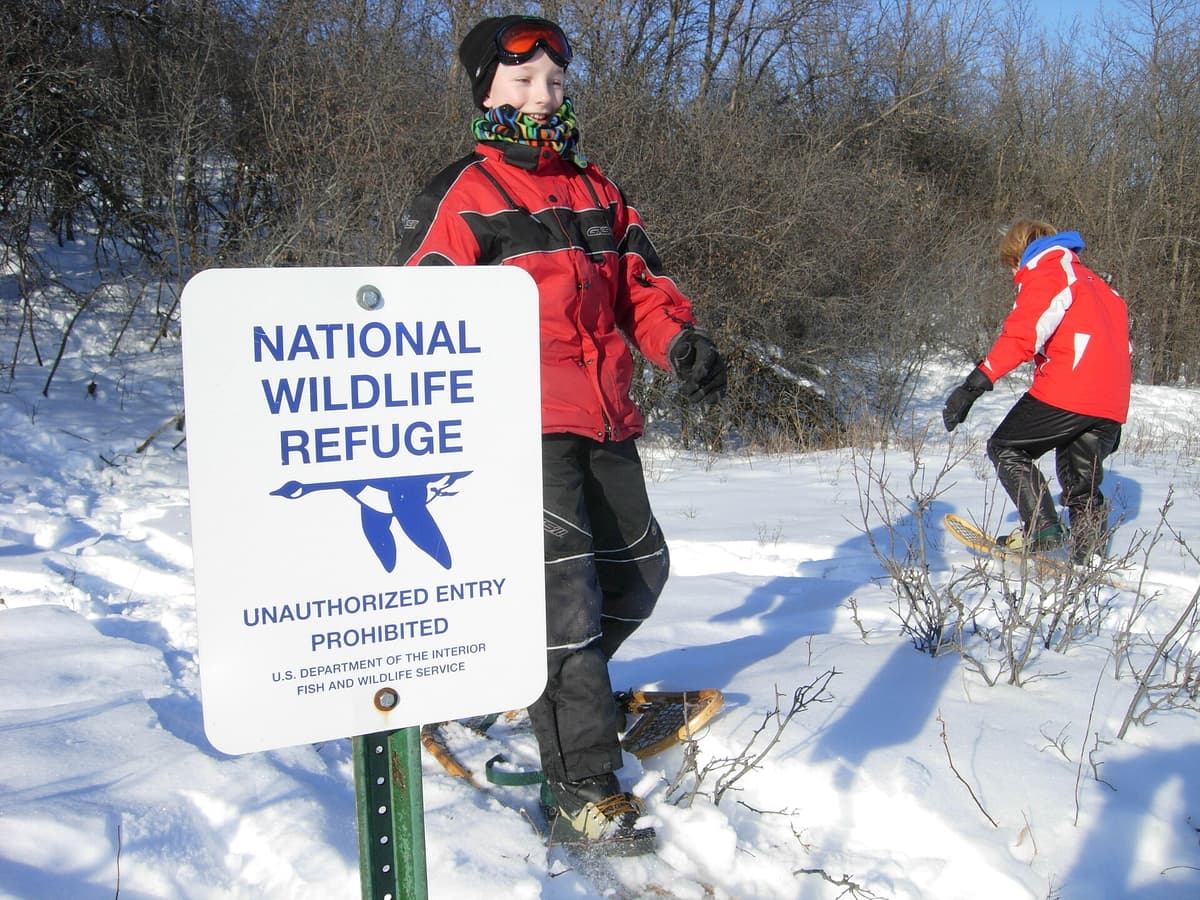 Two people getting started snowshoeing on a snow-covered trail
