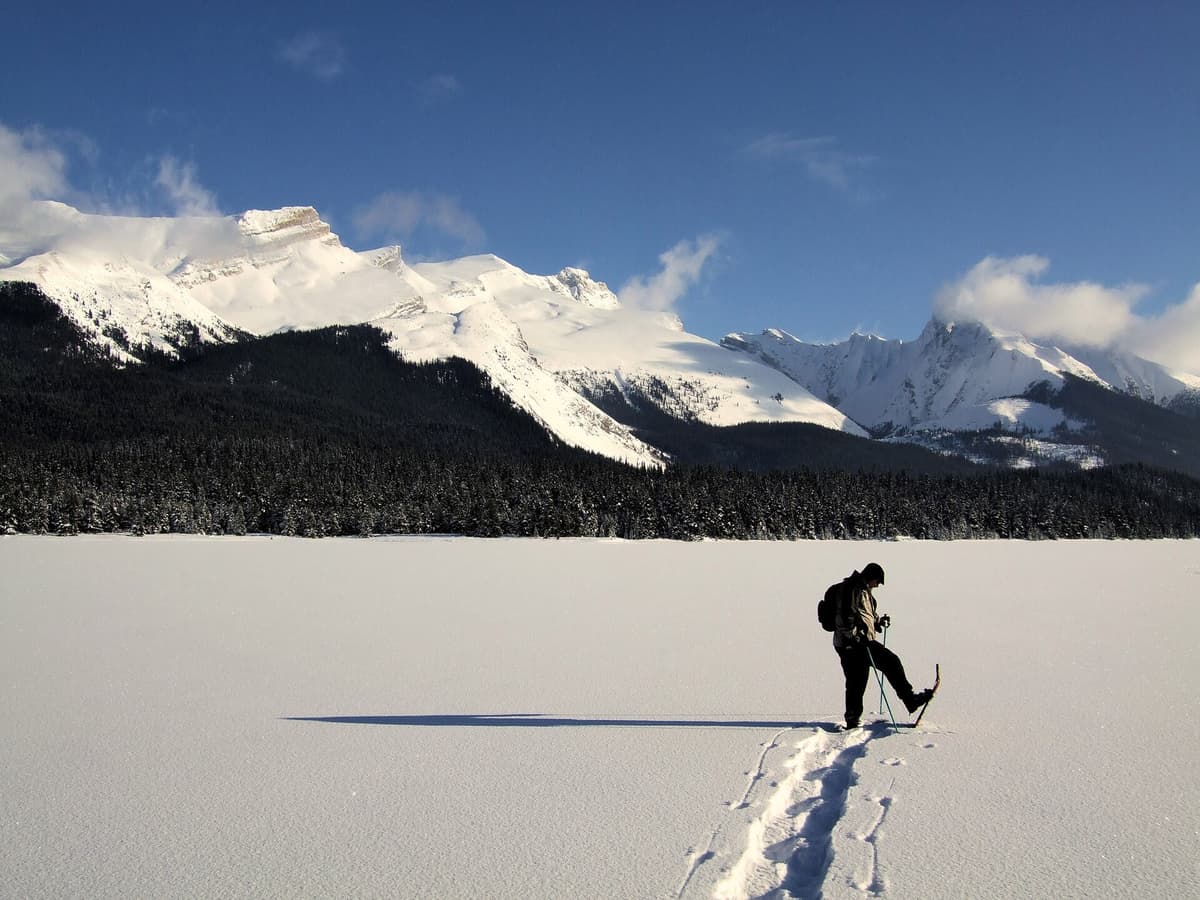 A snowshoer crossing an open, snow-covered basin