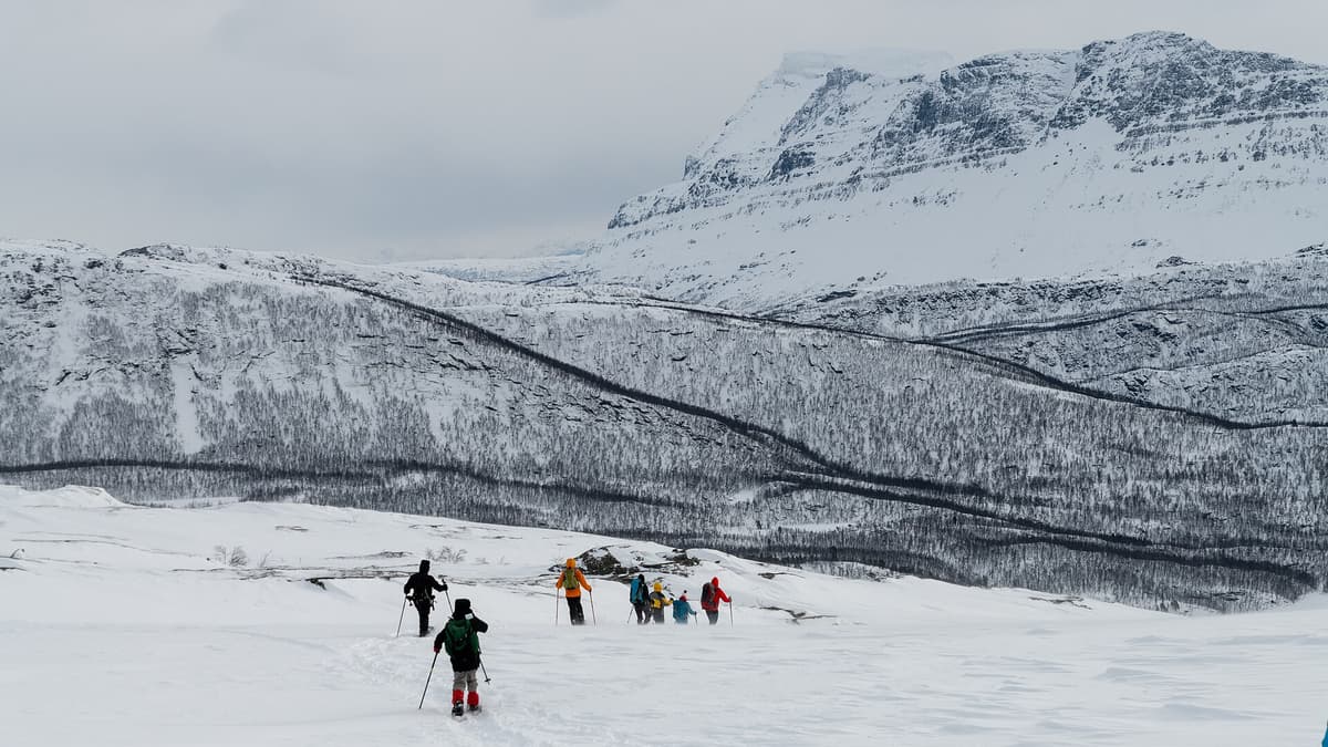 A lone snowshoer crossing a wide snowy mountain basin