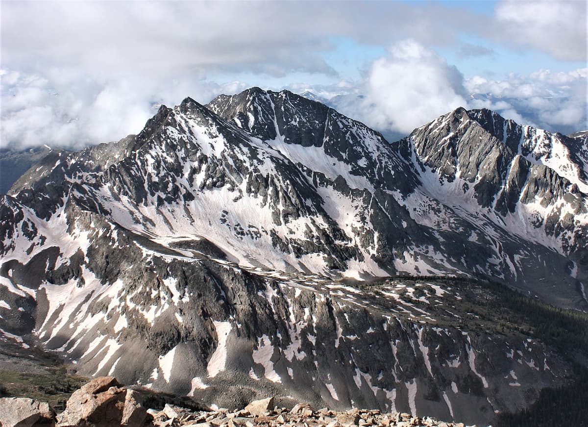 The Three Apostles, Ice Mountain in the center, seen across Apostle Basin from the summit of Huron Peak