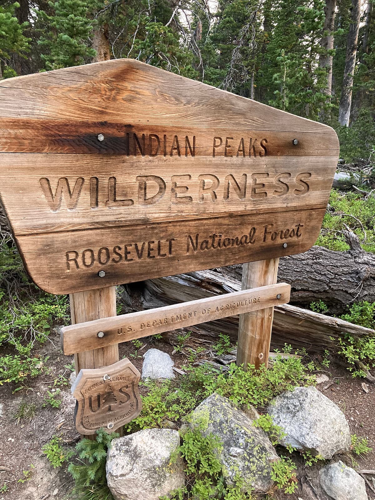 Wooden Indian Peaks Wilderness boundary sign near the Fourth of July Trailhead in Colorado
