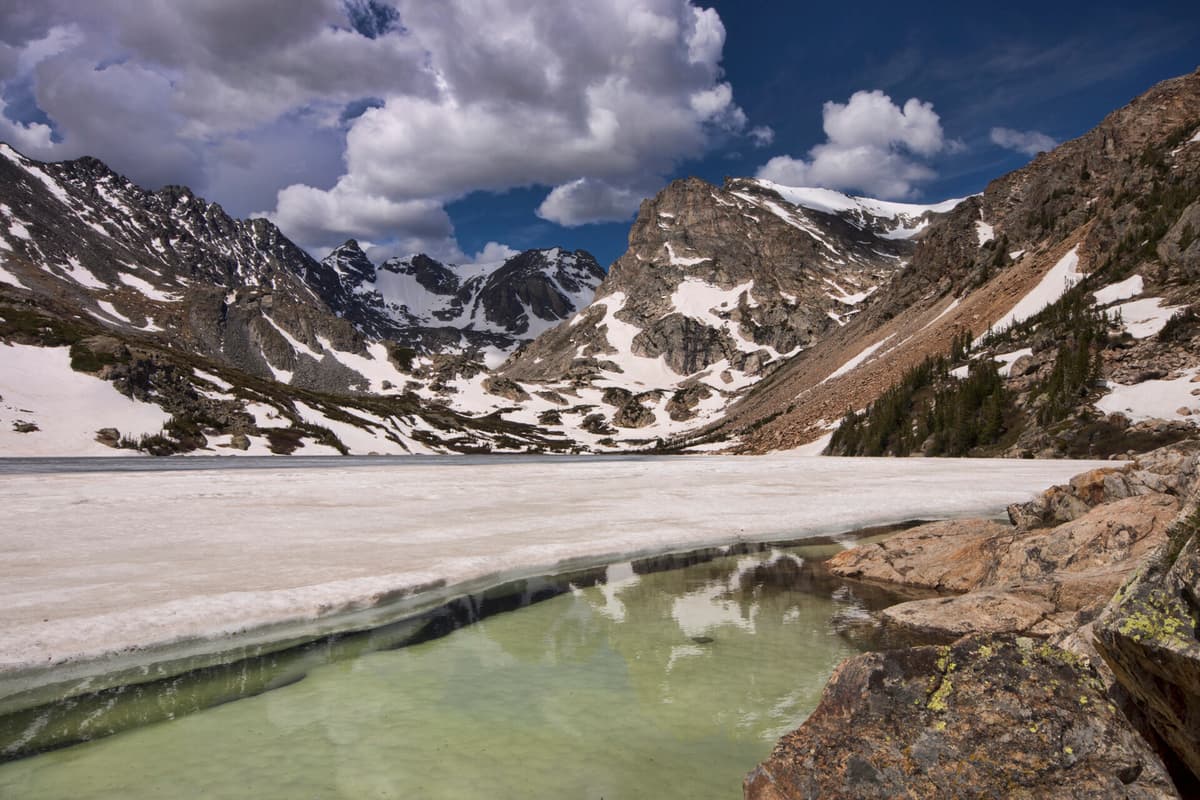 Long Lake and the Indian Peaks reflected in still morning water near the trailhead