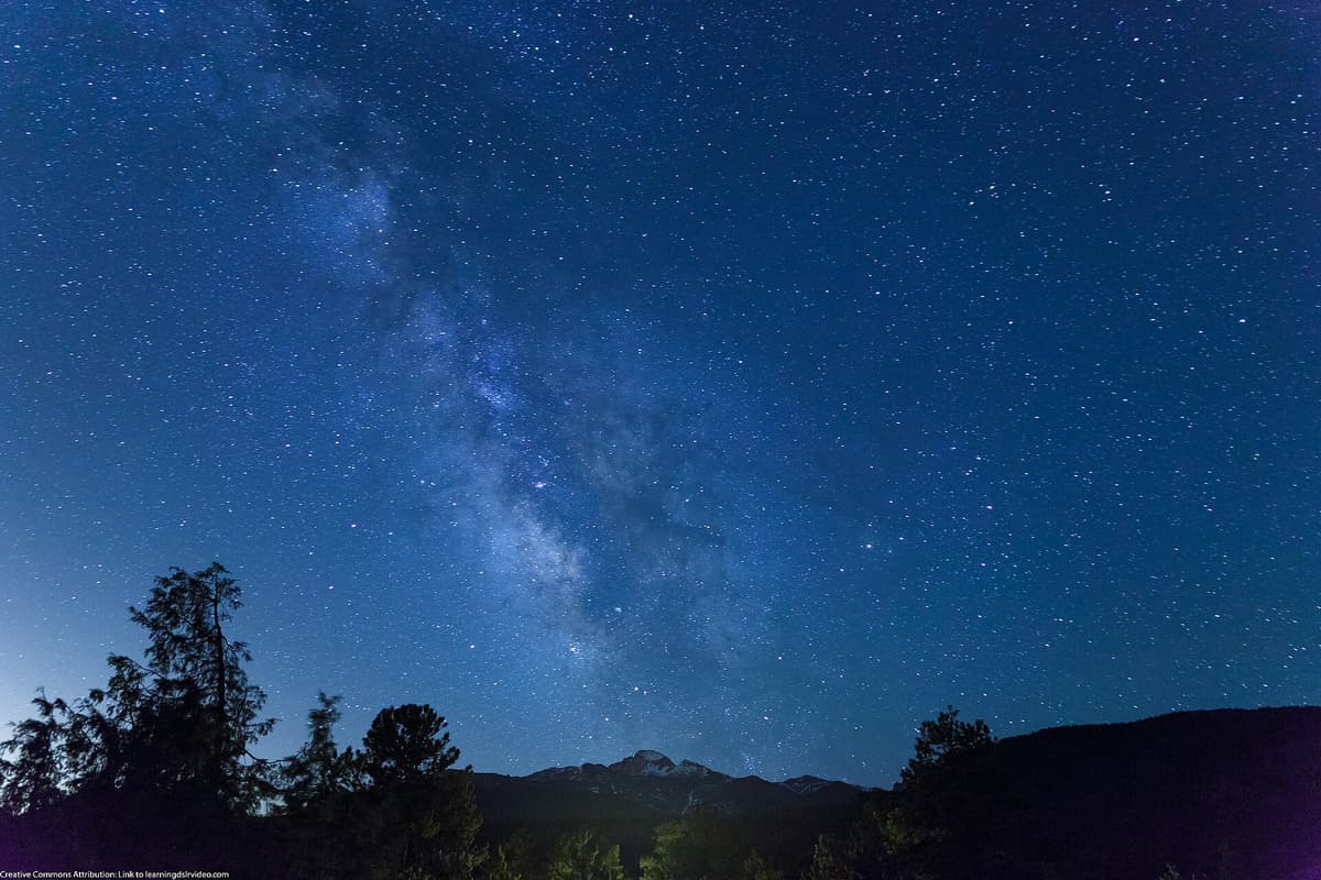The Milky Way over Longs Peak before dawn, the hours when most climbers are already on the trail