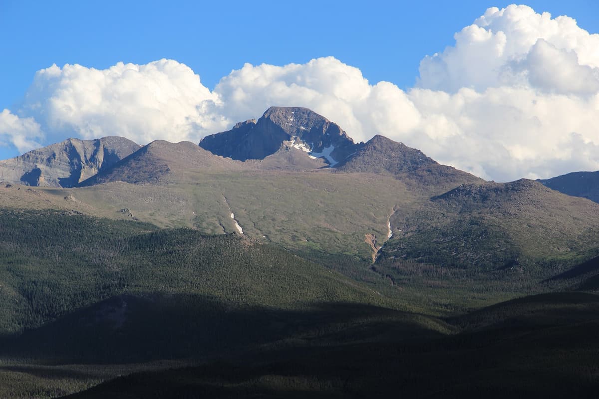 Longs Peak and the Diamond seen from Rocky Mountain National Park on a clear summer day
