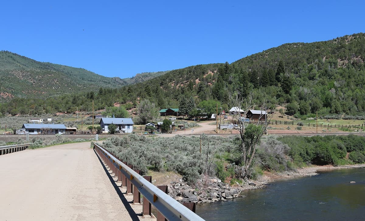 The Colorado River canyon at Radium seen from the bridge, showing the rock walls and river the hot spring sits beside