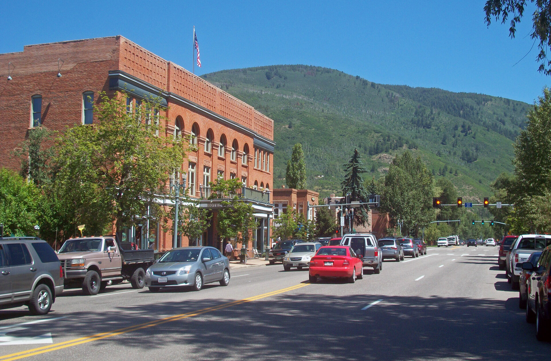Aspen Colorado downtown with the surrounding mountains in late spring