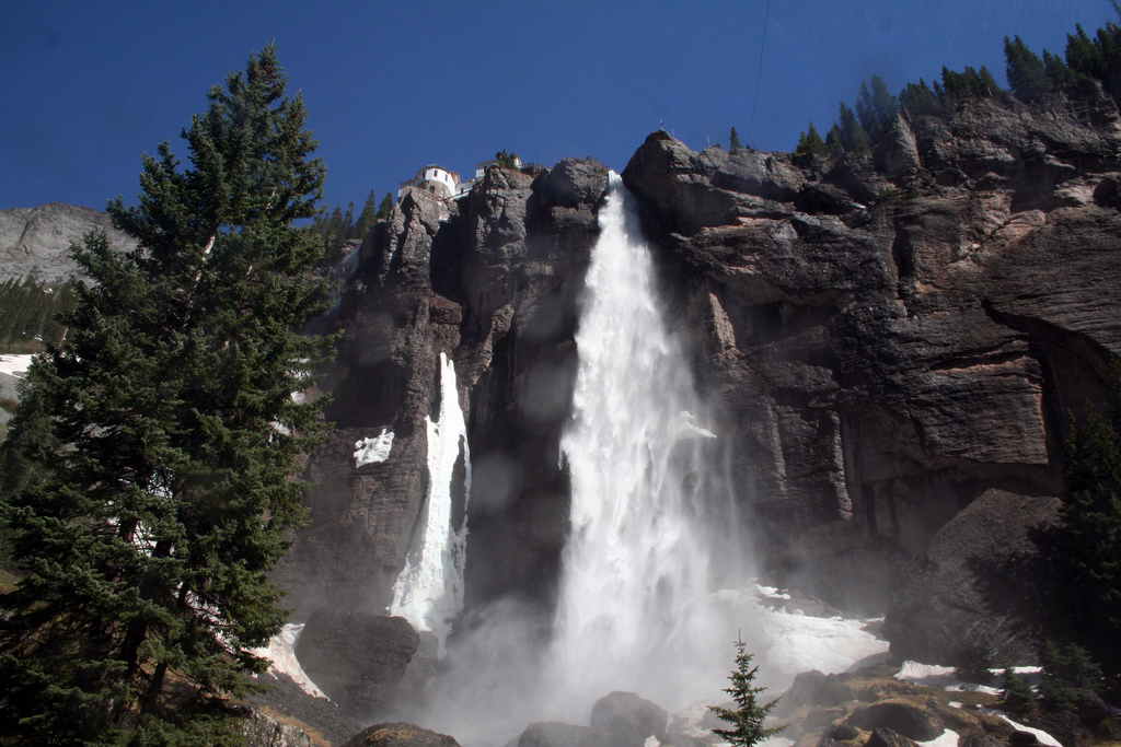Bridal Veil Falls cascading down the box canyon above Telluride